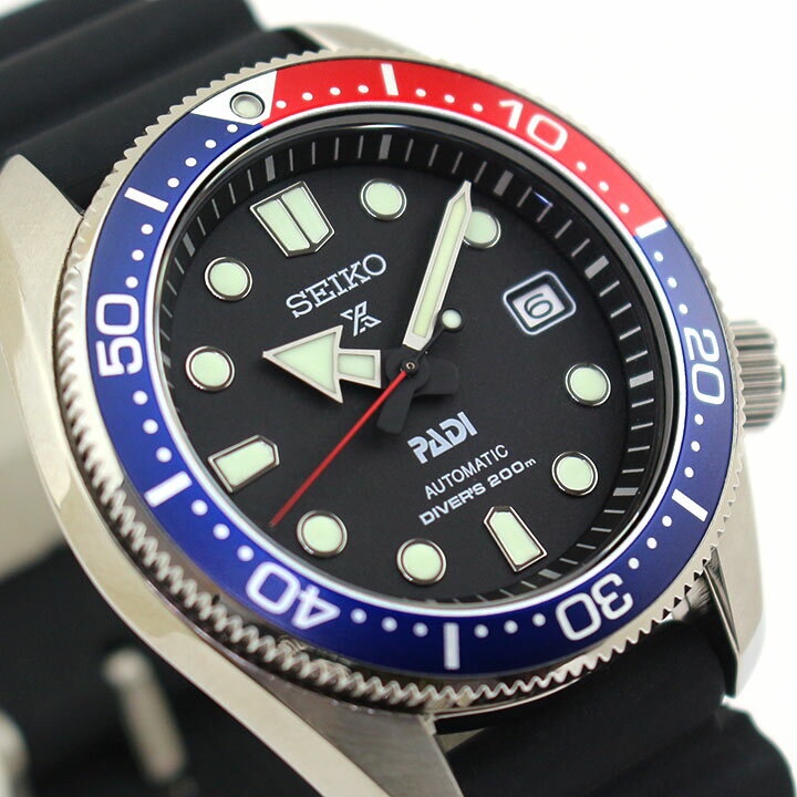 Seiko PADI Automatic Divers Date Display Water Resist 200m Black Red Frame Black Rubber Strap Watch