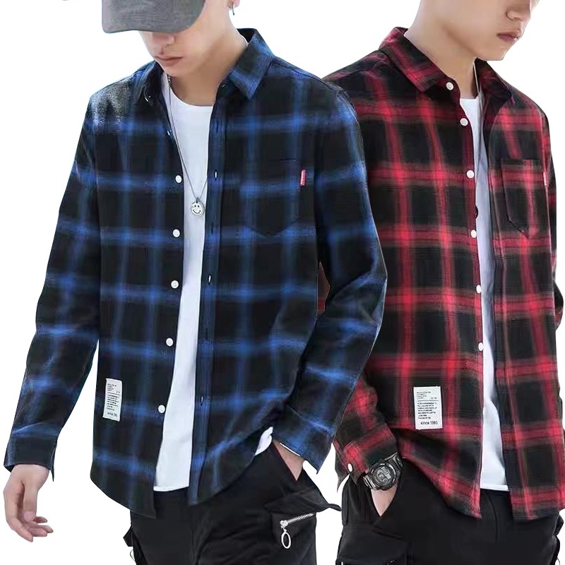 Loose plaid long sleeves shirt for men cortton korean polo shirt ...