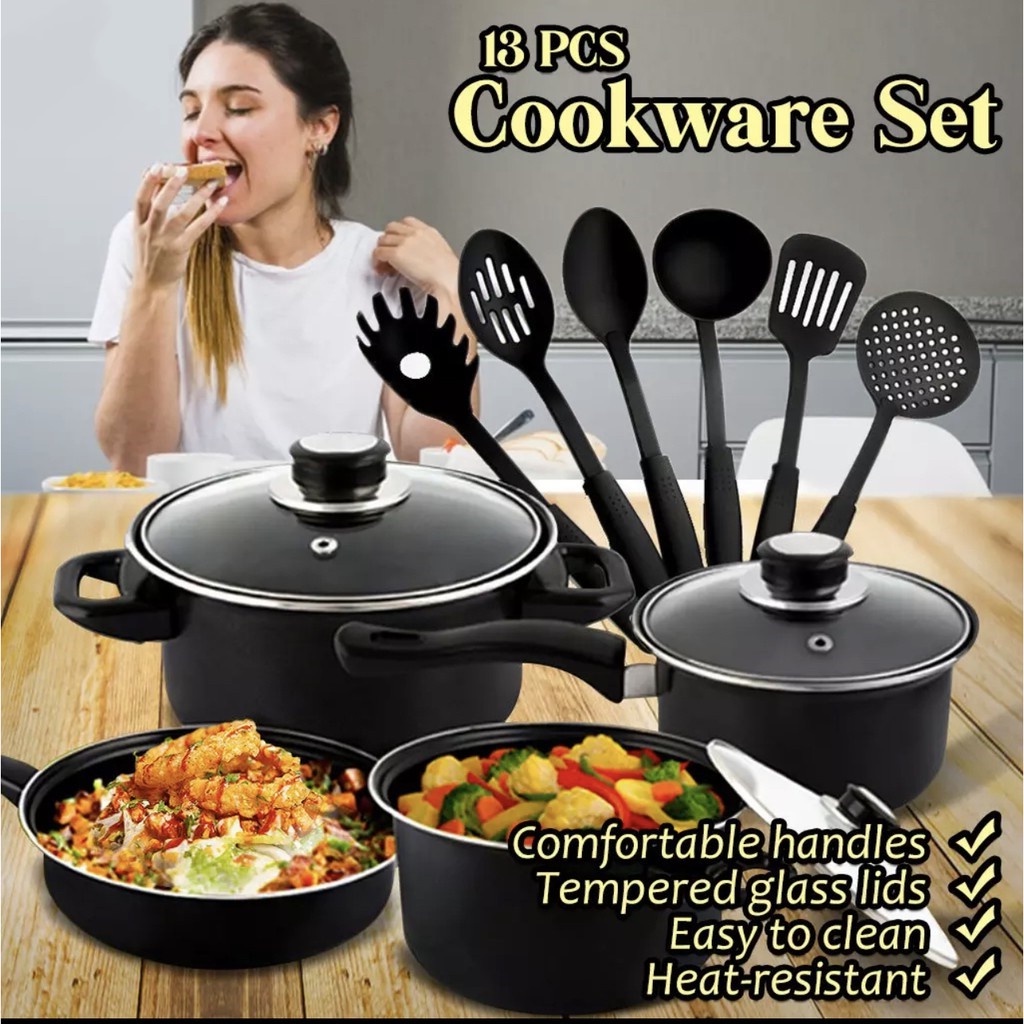 13Pcs Kitchenware Cookware Set NonStick Wok Soup Pot Fry Pan Saucepan