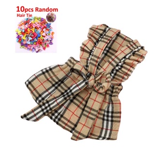 New Summer Dog Dress for Shih Tzu Female Sleeveless Vest Checkered Plaid Bowknot Cotton Clothes for Pet Dog Cat