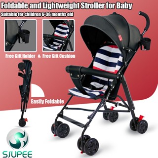 Foldable Stroller for Baby with Spring Damping Lockable Wheels, Safety Belt, Adjustable Awning