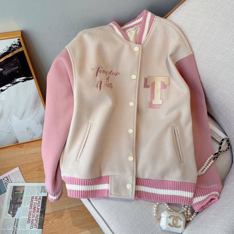 Pink Baseball Uniform Female Sweet Couple Letters Sports Cotton Jacket