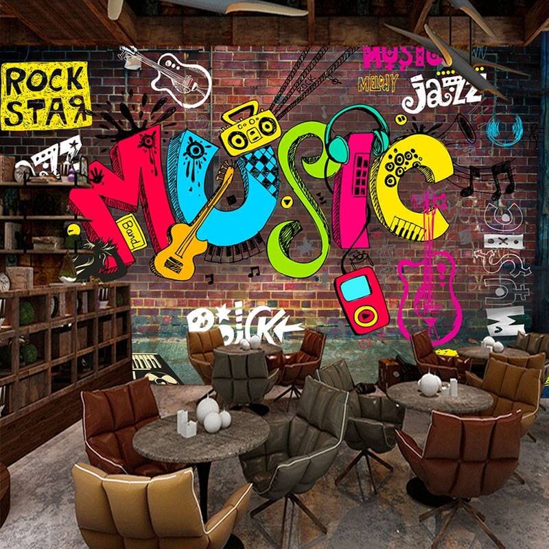 Custom Size Mural Wallpaper 3D Cool Graffiti Retro Music Letters Brick Wall Fresco Restaurant KTV Ba