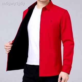 ∋▦Brand men s long-sleeved shirt middle-aged and elderly men s natal year big red plus velvet thick #4