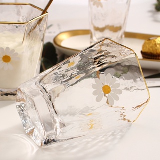 2022 HEXAGONAL DAISY GLASS SIMPLE GOLD RIM GILGAL GLASS CUPIn stock COD #6