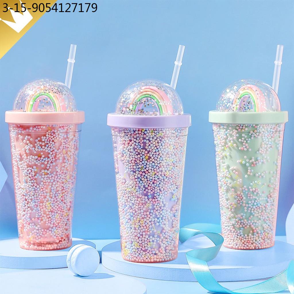 thumbler with straw Rainbow Star Cold Cup Tumbler Double Layer Plastic Coffee Mug Tumbler with