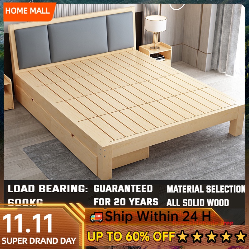 Thick Solid Wood Bed Queen Size Bed Frame Modern Minimalist Rental Room