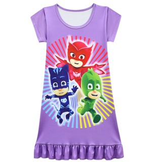 Kids Girls Anime Cartoon PJ Masks Connor Greg Amaya Print O Neck Short Sleeves Dress #2