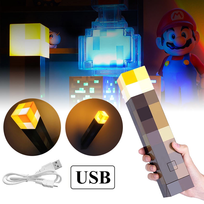 28CM Brownstone Pixel Torch Night Light Up Torch LED Minecraft Hand