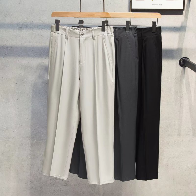 Men's Straight Wide Leg Korean Trousers Fashion Loose Casual Ice Silk ...