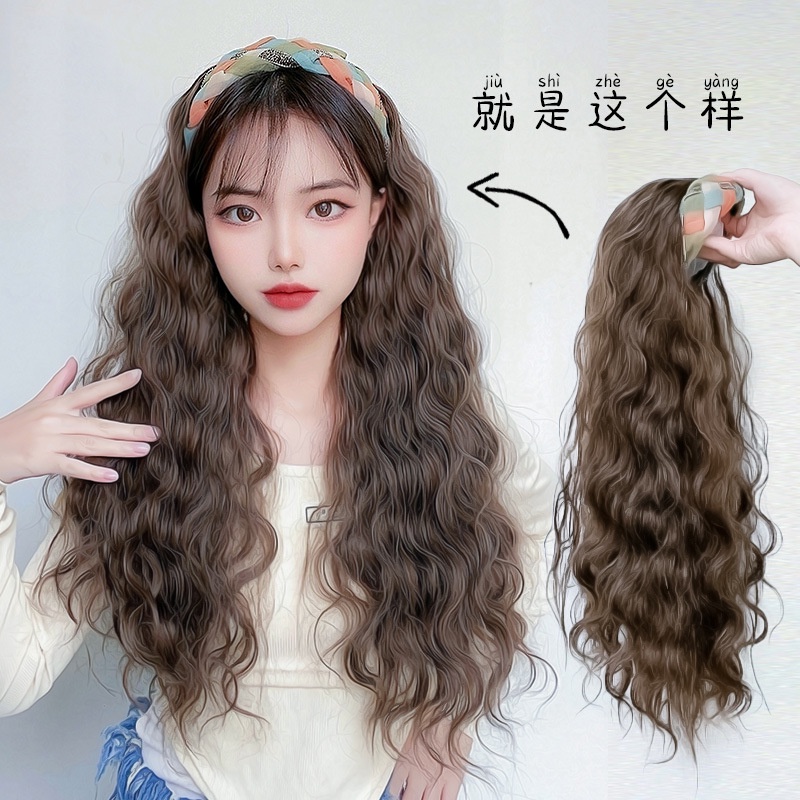 Long Water Curly Hair Headdress Wigs Fashion Headband OnePiece Half
