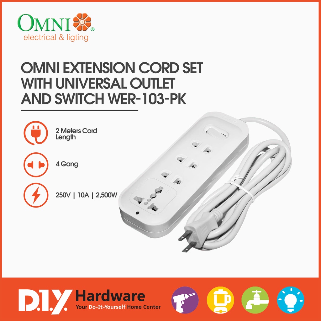 Omni Extension Cord Set 4 Gang With Universal Outlet And Switch 2M Cord ...