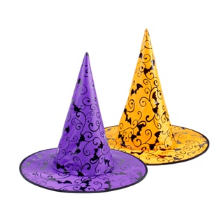 ﹍Halloween Witch Hat Party Decoration Curved Mesh Pumpkin Print Magician Black Pointed Wizard #5