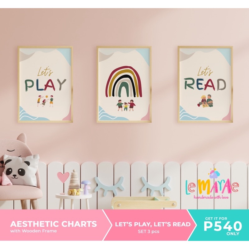 Let's Play Let's Read Set Laminated Educational Chart A3 Wooden Frame