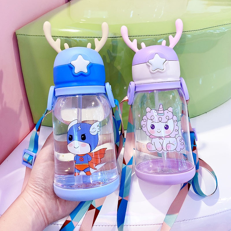 600ML Cartoon Kids Water Bottles Antler-Shaped Cute with Straw Lid ...