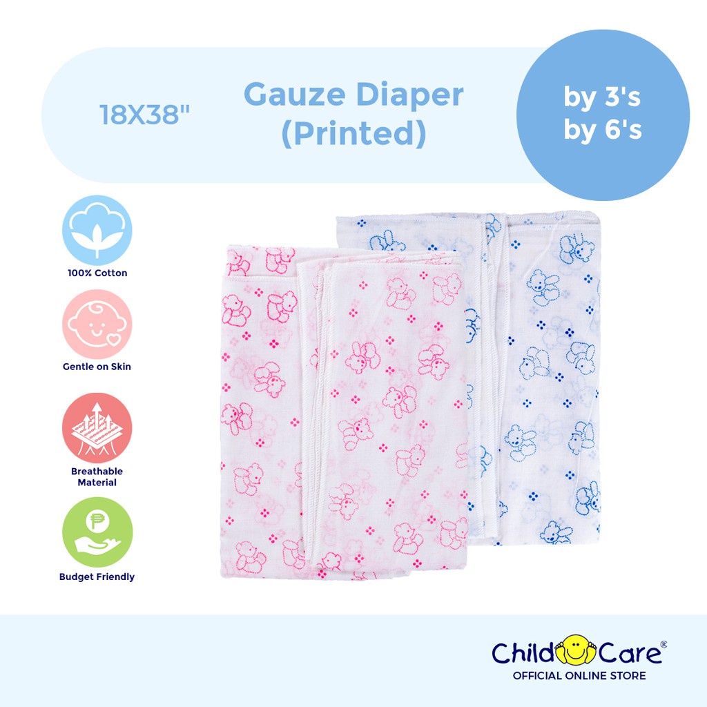 Child Care Printed Cloth Diaper, 18X39,(Lampin)(100% Cotton) (Absorbent) (Reusable) (3Pack) (6Pack)