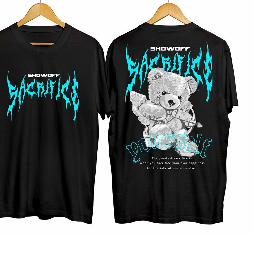 HITAM PRIA <Product 9ce8rн Men's Tshirt Showoff Bear Angel Black Color Distro Short Sleeve Cool Image Screen Printing Pattern GJ9