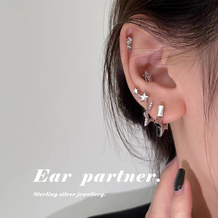 Ear Partner Star S999 Sterling Silver Hoop Earrings Korean Shiny