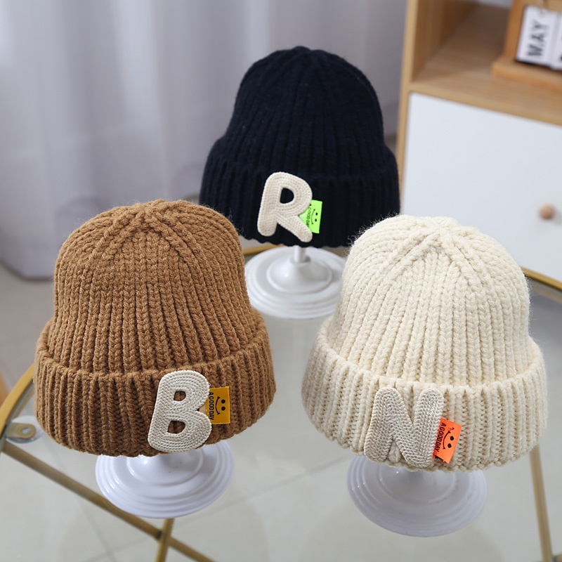 Baby Hat Letter Smiling Face Baby Wool Hat Children Boys Girls Autumn Winter Warm Thickened Baby Knitted Windbreak Hood