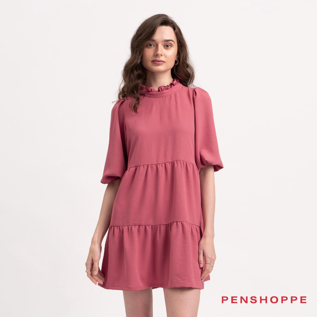 Penshoppe Long Sleeve Mock Neck Tiered Dress For Women (Old Rose ...