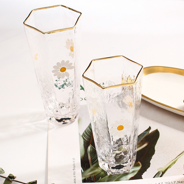 2022 HEXAGONAL DAISY GLASS SIMPLE GOLD RIM GILGAL GLASS CUP NC& #4
