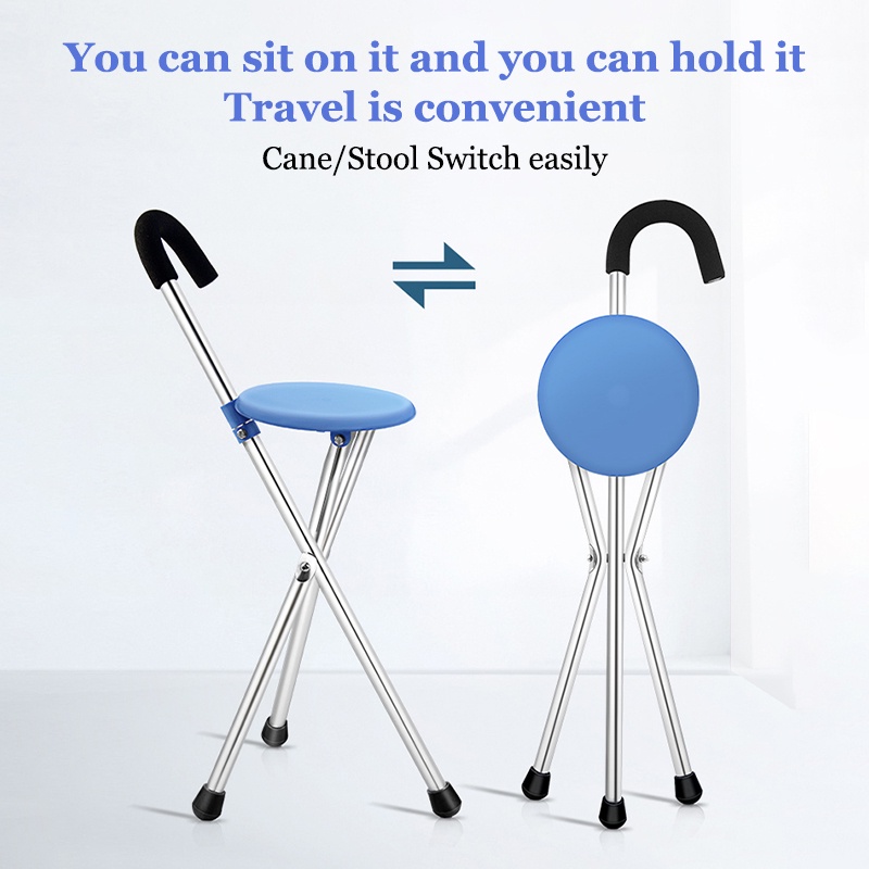 【Protegat】2 in 1 Folding Cane Stool Hiking Chairs Portable Walking Sticks Crutch Chair for Elderly