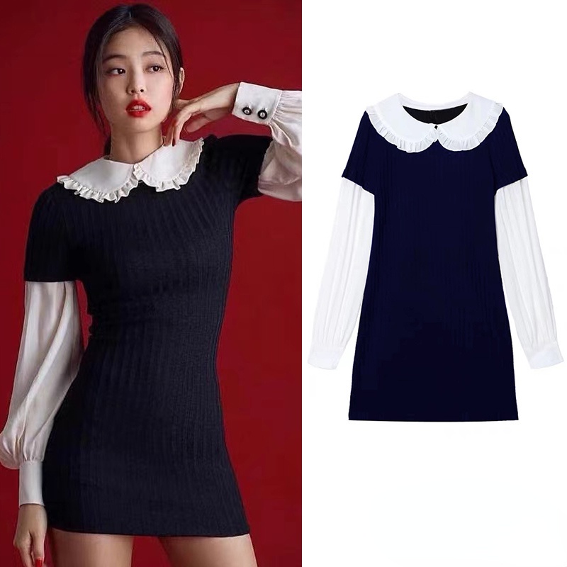Blackpink Jennie Shirt Knit Dress Suit Two Piece Doll Collar Black