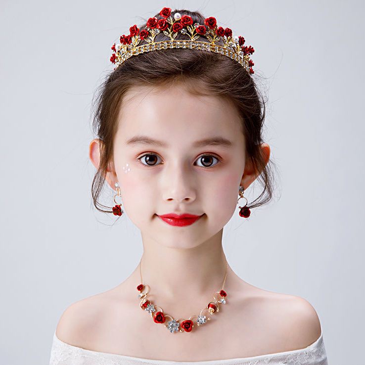 Mga hikaw ng mga bataKasuotang pang-headwear ng mga batang babae crown necklace earrings set red f