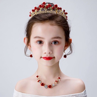 Mga hikaw ng mga bataKasuotang pang-headwear ng mga batang babae crown necklace earrings set red f #1