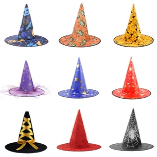 ﹍Halloween Witch Hat Party Decoration Curved Mesh Pumpkin Print Magician Black Pointed Wizard #6