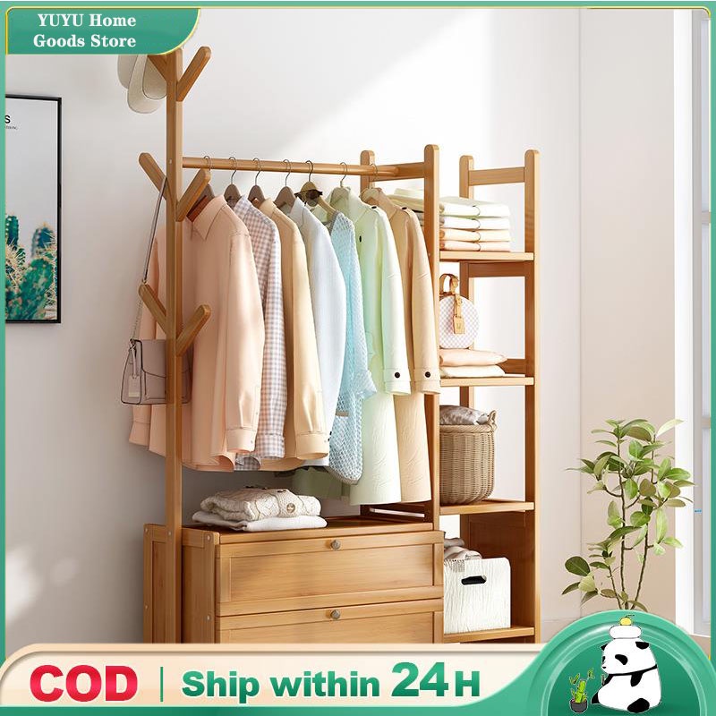 Wardrobe with Drawer Organizer Wooden Coat Rack Garment Rack