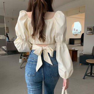 Fashion temperament French square collar bow long-sleeved blouse