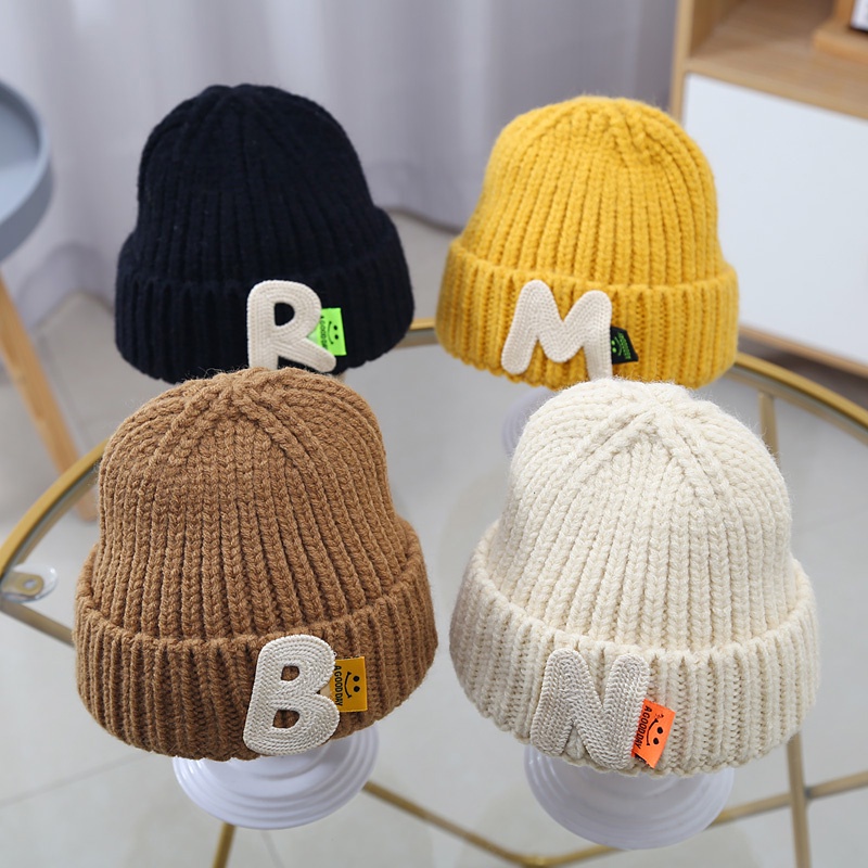 Baby Hat Letter Smiling Face Baby Wool Hat Children Boys Girls Autumn Winter Warm Thickened Baby Knitted Windbreak Hood