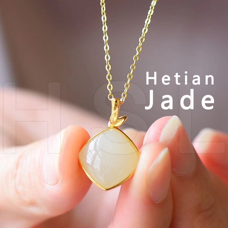 Natural S925 Sterling Silver Hetian Jade Suet Jade Pendant Necklace For