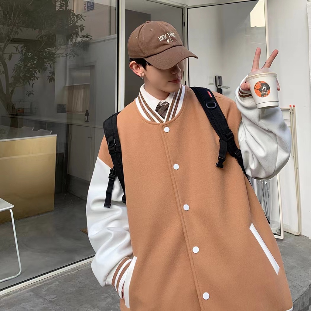 Casual Striped Colorblock Baseball Jersey Korean Fashion Couple Tops Coat Japanese College Style Plain Unisex Jeckets Plus Size Baseball Collar Clotes For Men