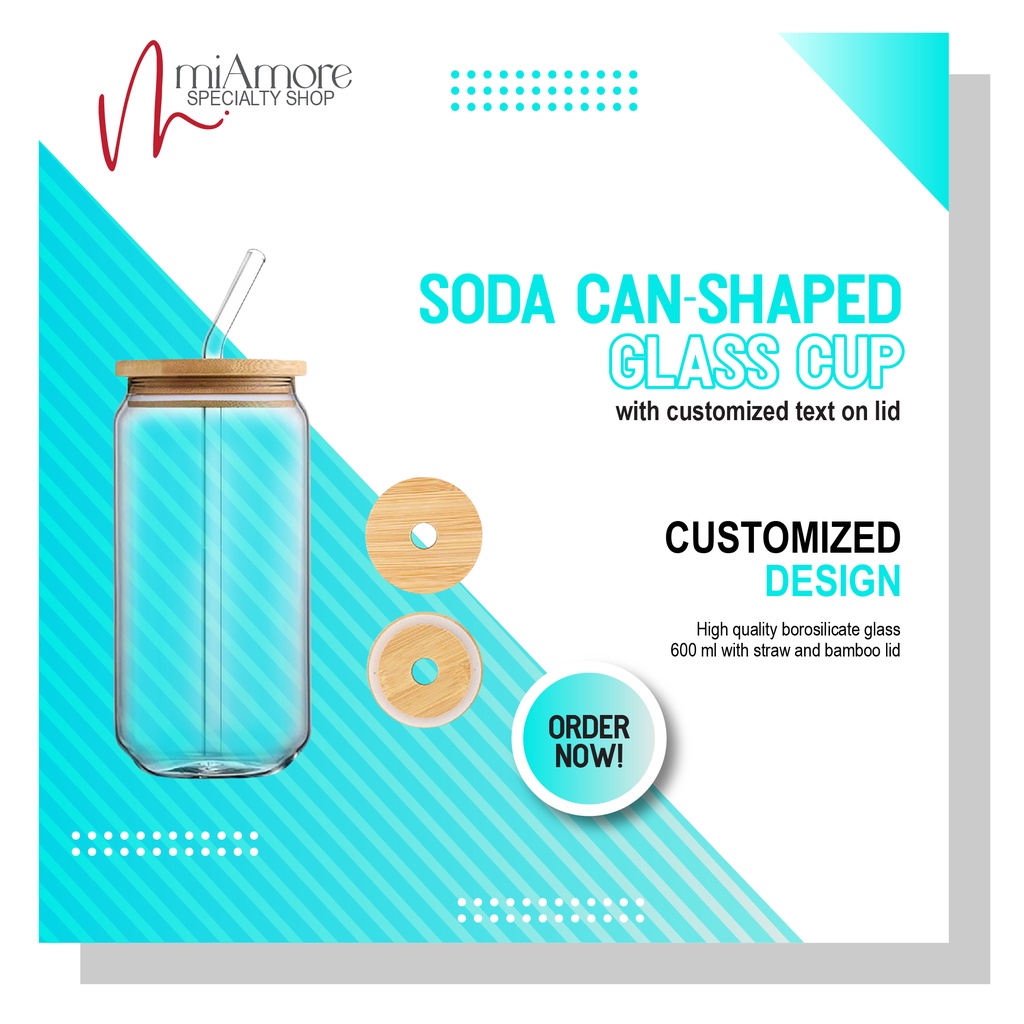 Customized / Personalized soda can shaped glass cup with lid and straw