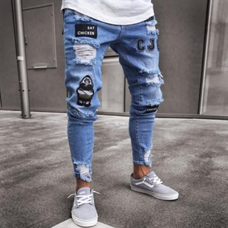 Men's Quilted Embroidered jeans Skinny Jeans Ripped Grid Stretch Denim Pants MAN Elastic Waist Patch #3