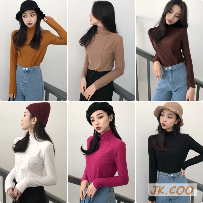 [JK.COO] Korean Women's Autumn Winter New Style Casual High Neck Slim-Fit Slimmer Look Versatile Long-Sleeved Bottoming Shirt T-Shirt  AA