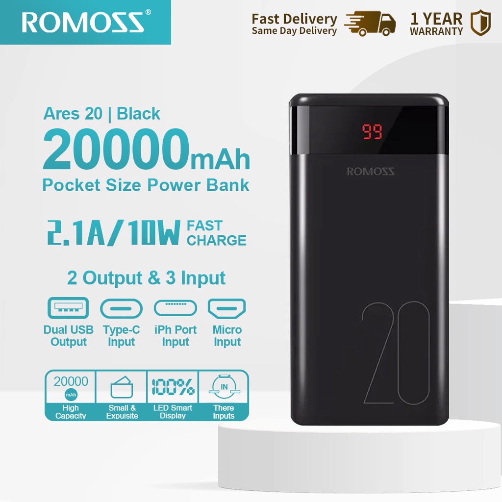 Romoss Ares 20 20000mah Mini Pocket Mobile Power 21a10w Fast Charge 2 Out 3 In Led Number 5449