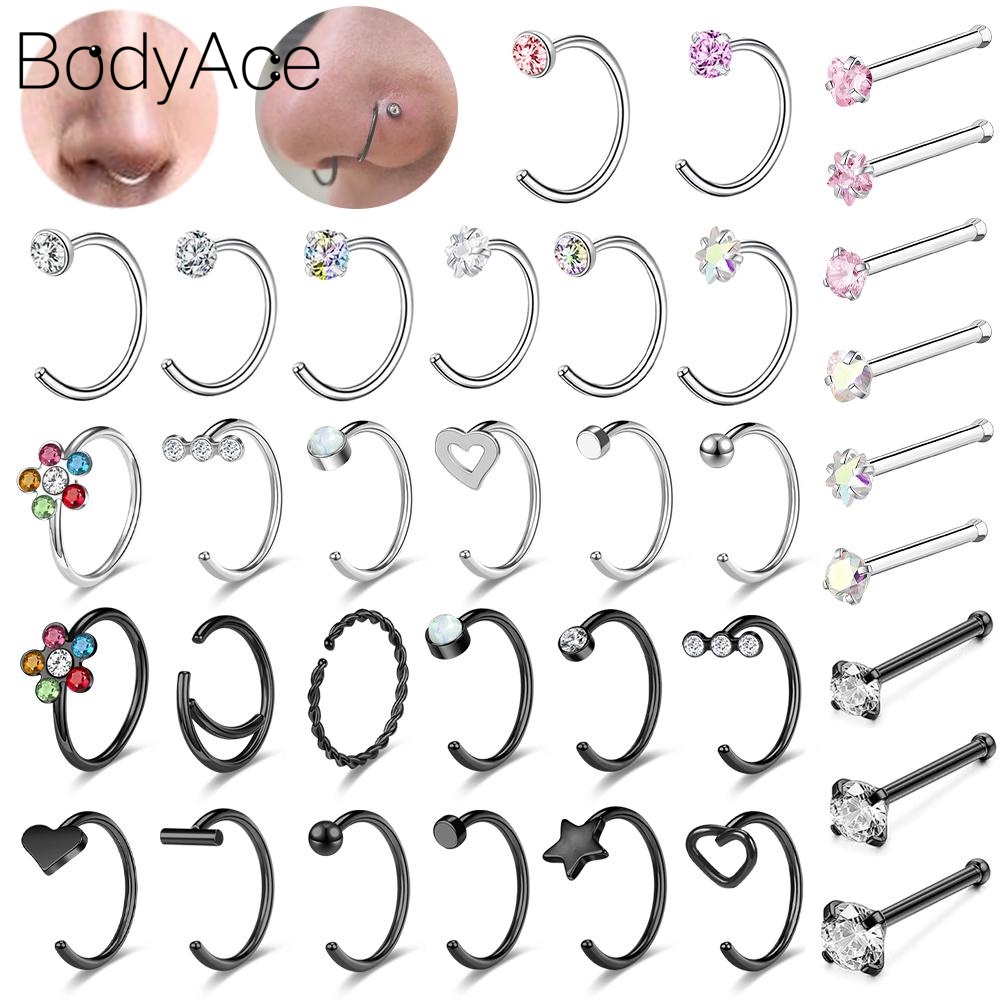 Bodyace 1 Set Nose Piercings Crystal Nose Septum Rings Stainless Steel
