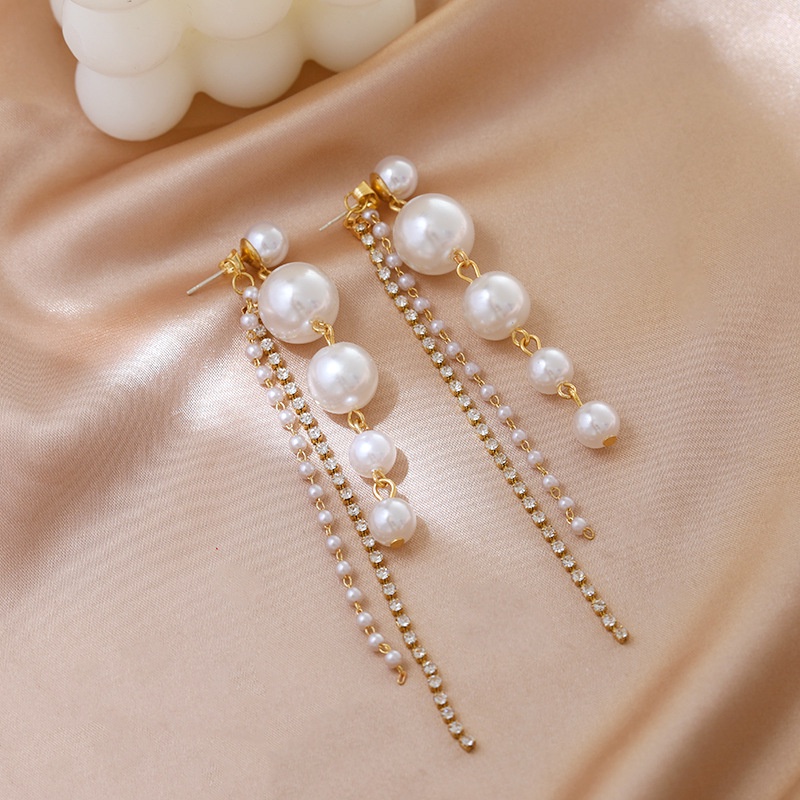 Korea S925 Silver Needle Pearl Tassel Long Style Diamond Elegant Unique