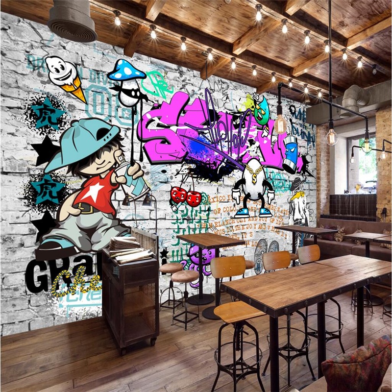 ◇Custom Mural 3d Wallpaper Fashion Style Trend Street Art Graffiti Brick Wall Background Wall Livi
