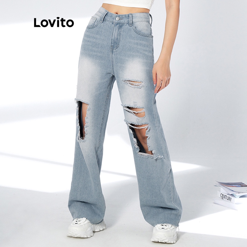 113XJ Lovito Casual Plain Ripped Wide Leg Denim Women Jeans L33AD098 ...