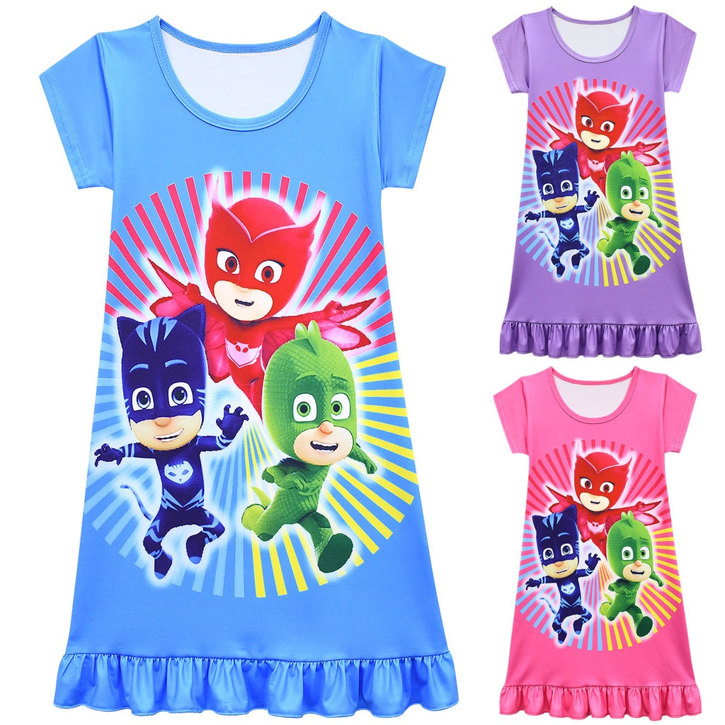 Kids Girls Anime Cartoon PJ Masks Connor Greg Amaya Print O Neck Short Sleeves Dress