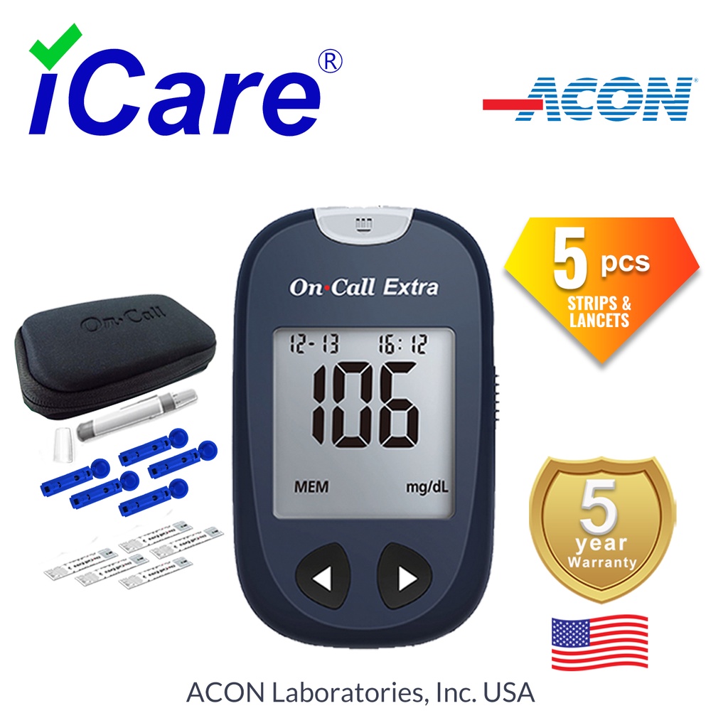 On Call Extra5 Painless Blood Glucose Meter with 5 Test Strips, 5