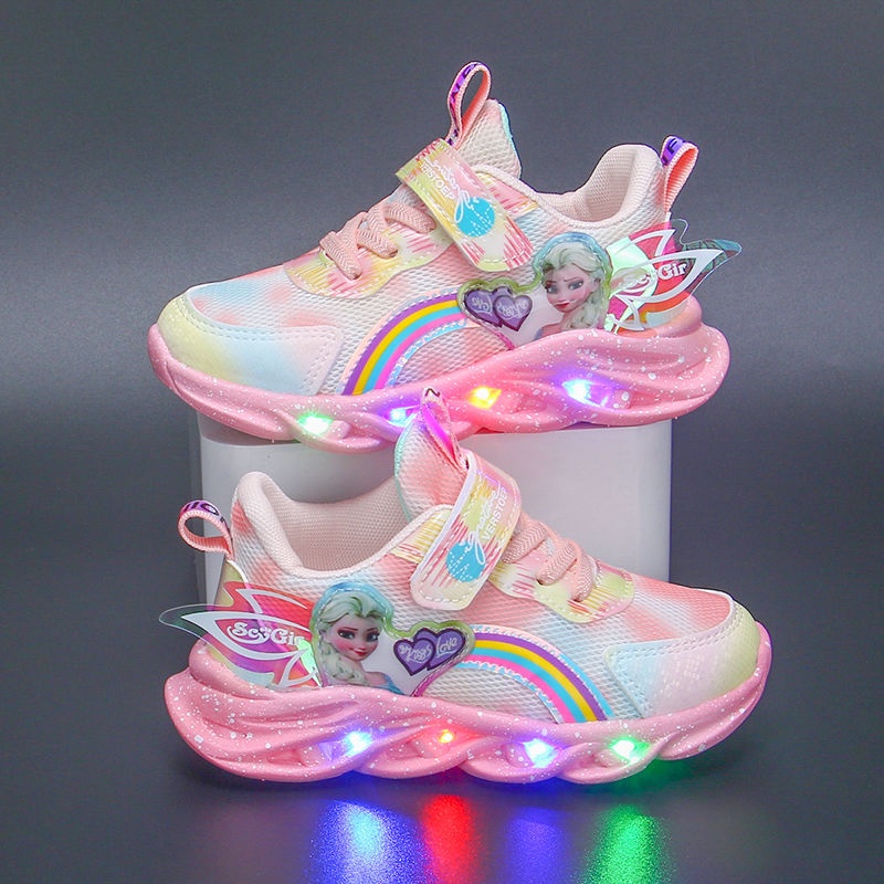 Led sneakers shoes for kids girls light up rubber with elsa princess ...