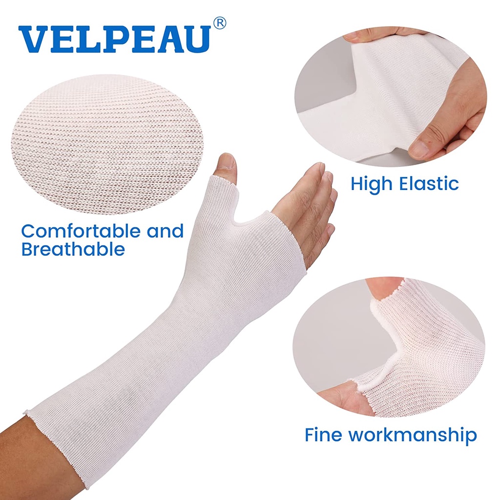 VELPEAU Wrist and Thumb Spica Stockinette (Pack of 10) Comfy Arm Sock, Cotton Skin Protection Sleeve, Wrist Liner and Pre-Wrap Cover for Splints, Air Casts, Hand Brace