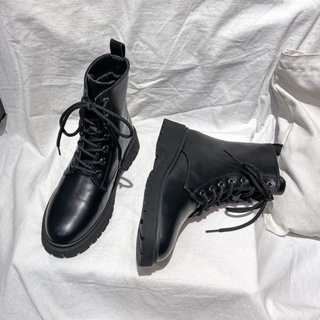2022 Style 2022 Autumn Winter New Soft Leather Short Boots Laced-Up Black Handsome Martin Female British Korean Version ins Trendy