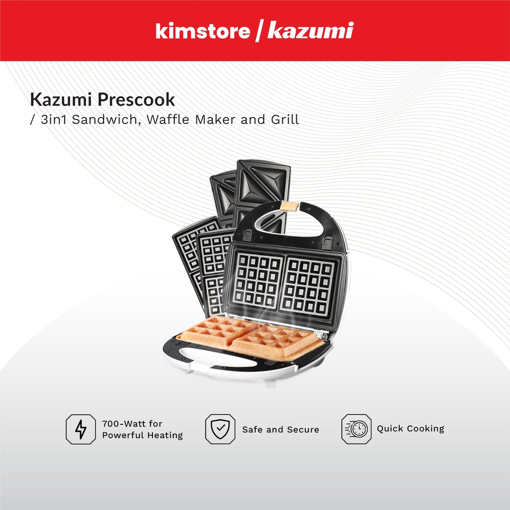 KIMSTORE Kazumi Prescook 3 in1 Sandwich Maker Waffle Panini Grill with Detachable Non Stick