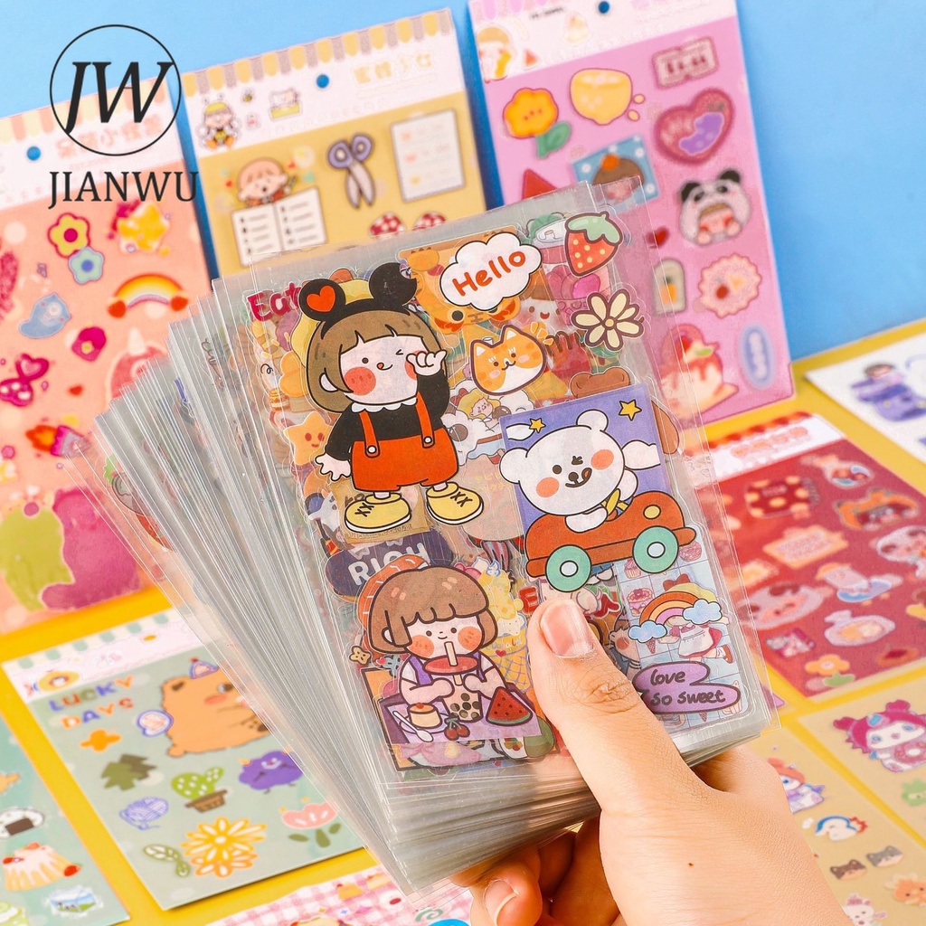 JIANWU 6 Sheets Cartoon Journal Waterproof PVC Kawaii Sticker